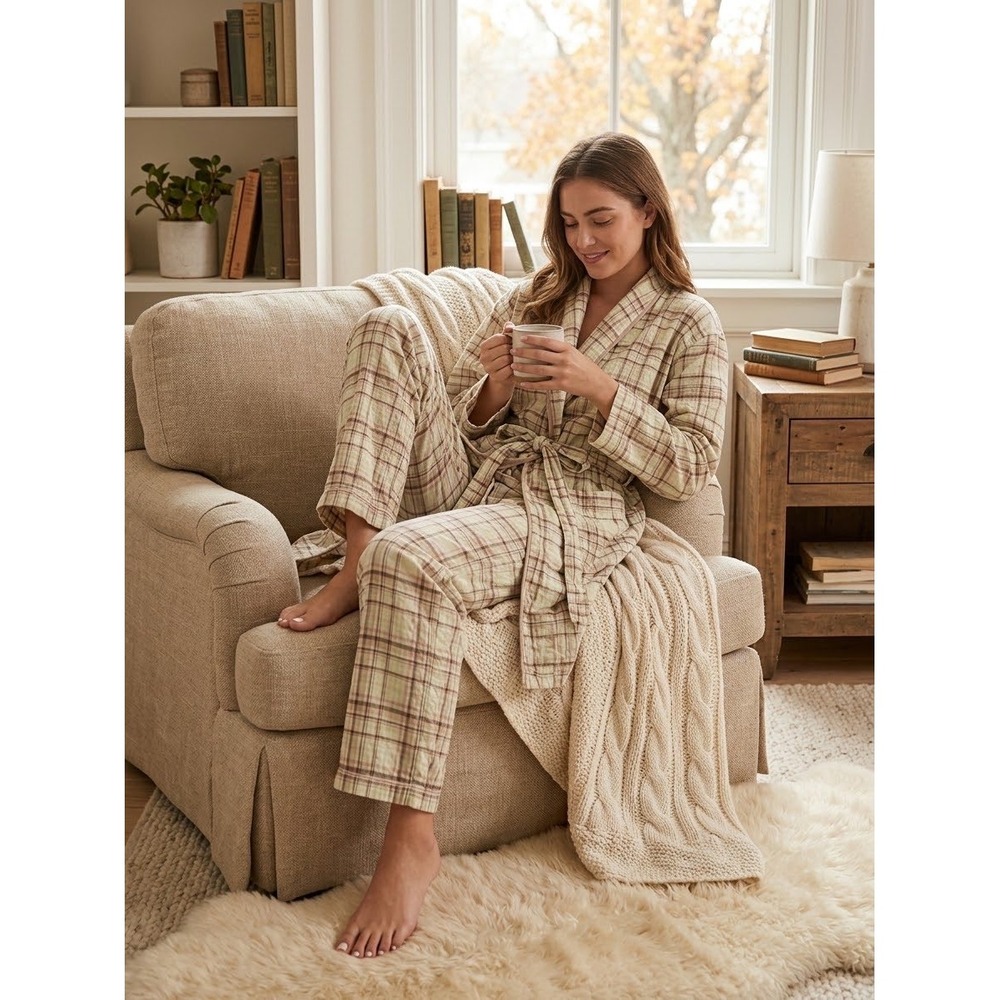 J.Crew Womens Plaid Robe and Pajama Pants Set 100% Cotton Tan Green Medium